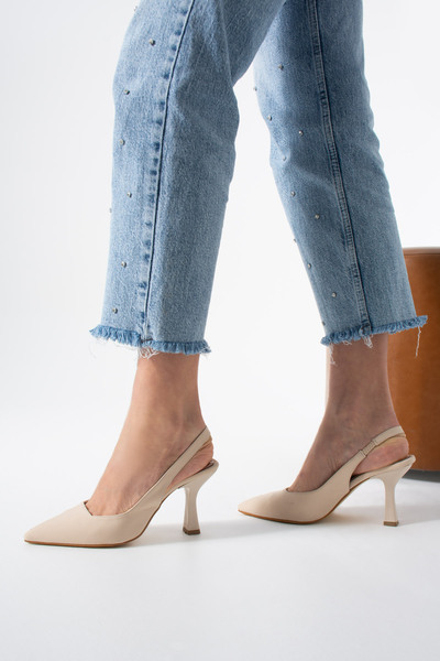 Gökçe Shoes Velta Krem Mat Saten Günlük Kullanım Kadın Topuklu Ayakkabı