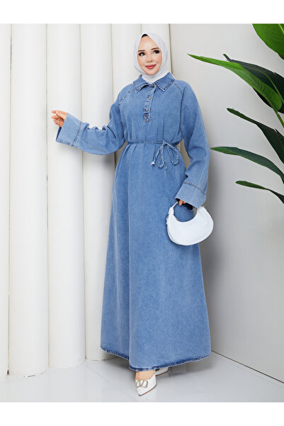 Pamuk Butik Women's Raglan Sleeve Loose Fit Comfortable Cut Denim Dress with ...