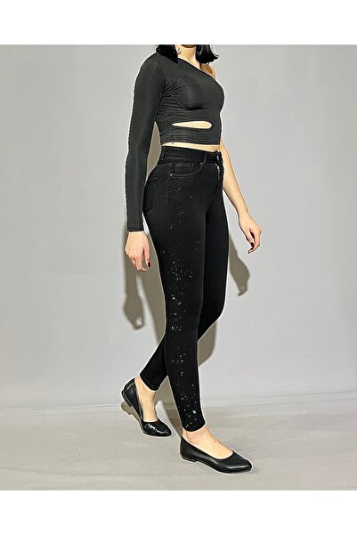 MYJEANSKOLİK Yüksek Bel Yanları Dökme Taşlı Likrali Skinny Jean