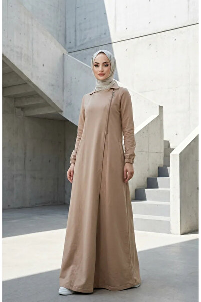 sefamerve Asymmetric Zippered Hijab Dress 71140-01 Beige