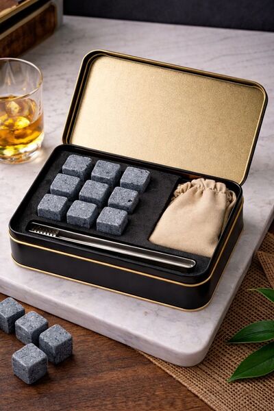 STONE EDITION İçecek Soğutma Taşı Seti Metal Kutu I Taş Kesesi ve Maşa Seti I...