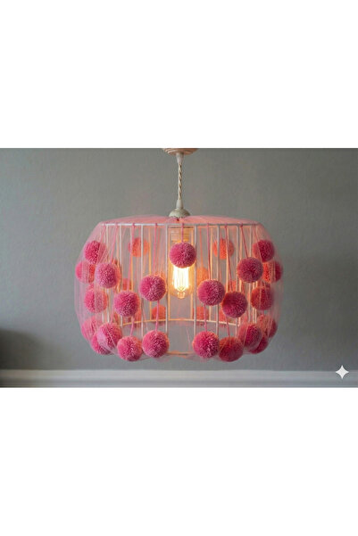 NGAHOME Pembe Ponponlu Çocuk Odası Avizesi 30 cm | Metal Kafes, Tüllü, E27 Du...