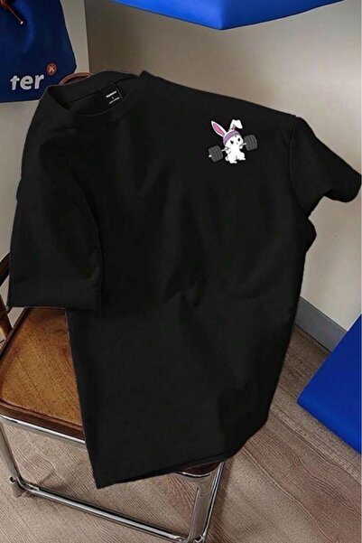 Oksit Gym Bunny - Weightlifting Rabbit Printed Unisex Oversize Cotton T-Shirt