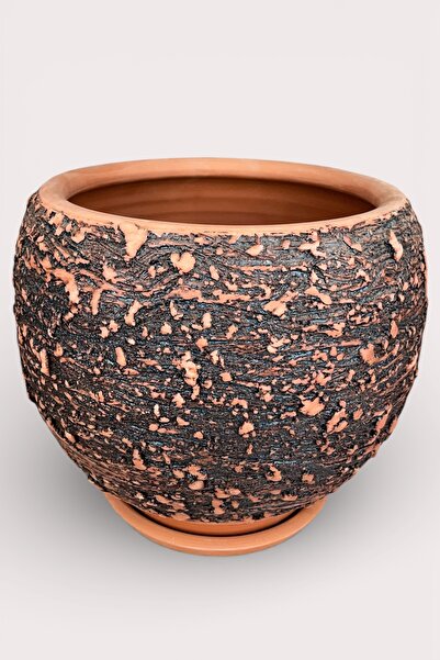 AdenArt Toprak Saksı Siyah Dokulu El Yapımı 23*23 cm (TABAKLI)