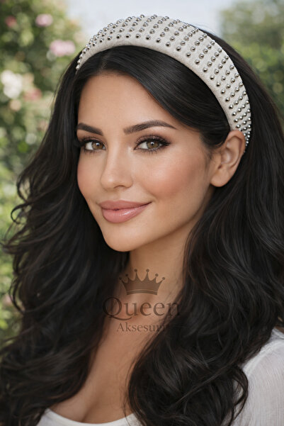 QUEEN AKSESUAR Luxury Design Wide Convex Leather Metal Studded Beaded Crown W...