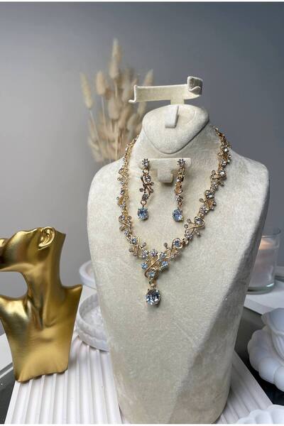 Luxiva Altın kaplama taşlar detaylı küpe kolye takı hediye seti