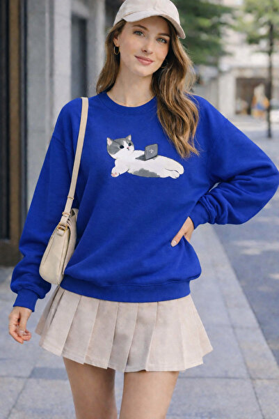 ArtYus Chill Cat Printed Cotton Relaxed Fit Crew Neck Unisex Sweatshirt