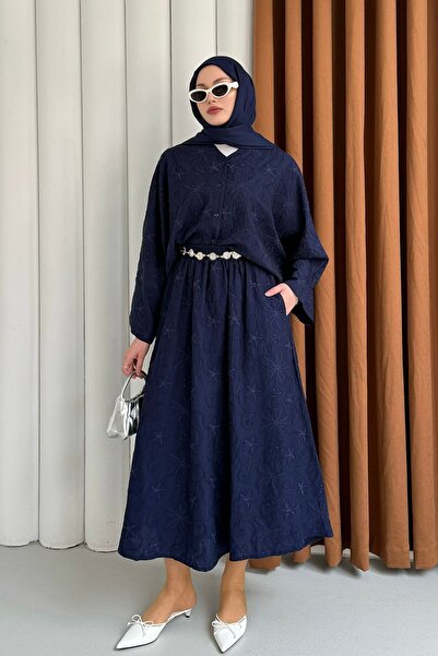 Modaensarbutik Yarasa Kol Kendinden Desenli Bel Lastikli Etekli Tesettür Takı...