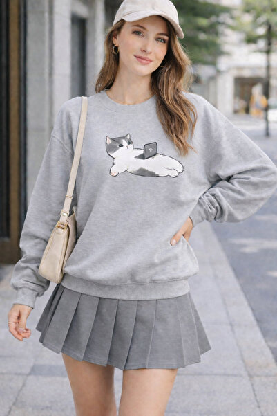 ArtYus Chill Cat Printed Cotton Relaxed Fit Crew Neck Unisex Sweatshirt