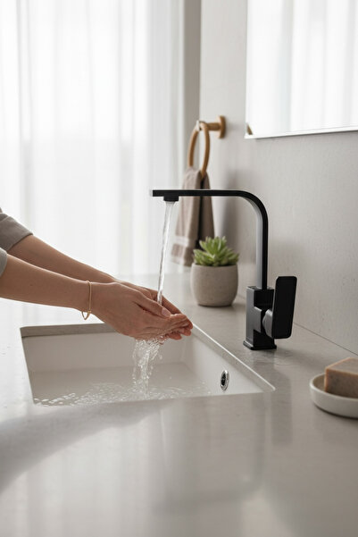 İSAOĞLU YAPI Matte Black Sink Faucet 360 Degree Rotatable High Model Bathroom...