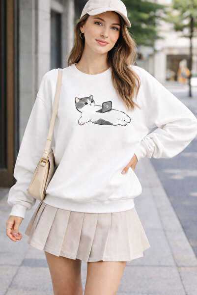 ArtYus Chill Cat Printed Cotton Relaxed Fit Crew Neck Unisex Sweatshirt
