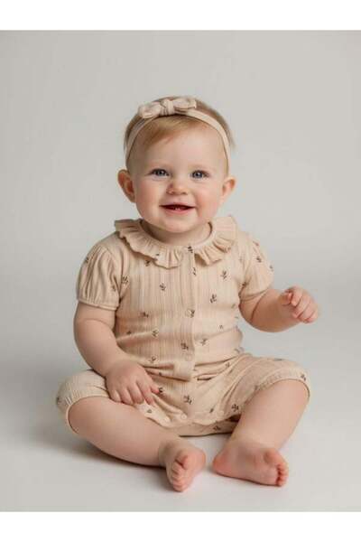 Zekids Baby Girl Leaf Patterned Bandana Shorts Jumpsuit