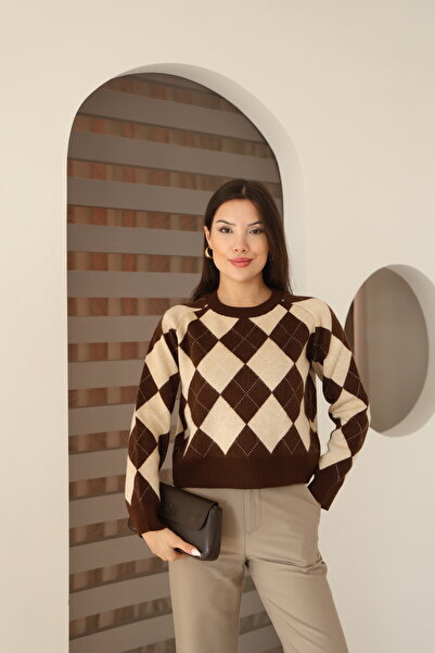 İgnites Beige Brown Diamond Patterned Sweater