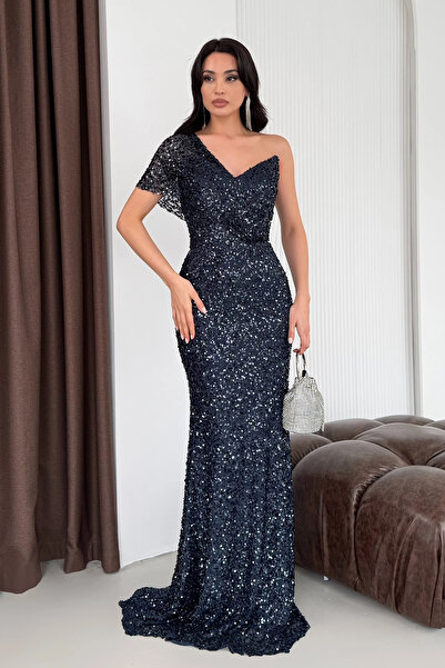 Feminist Tek Omuz Pul Payetli Straplez Abiye Lacivert 0801130