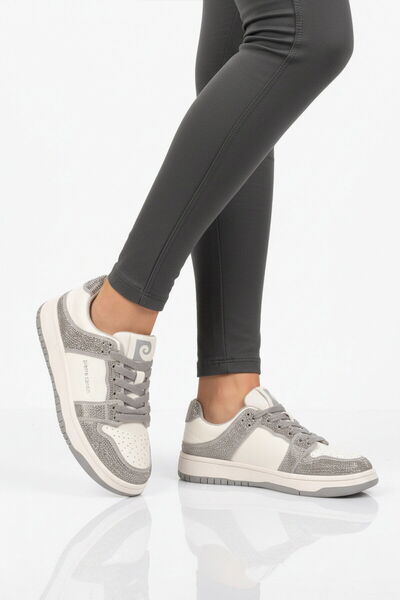 Pierre Cardin White Smoked Lace-Up Stone Embroidered Lightweight Women's Snea...