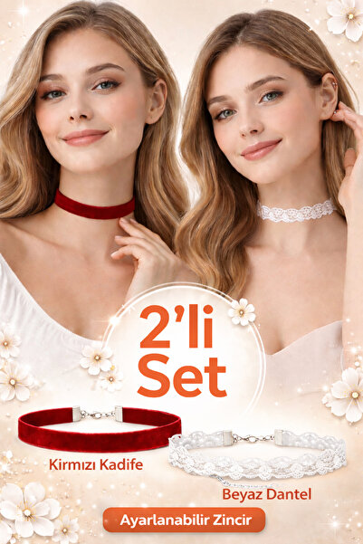 Liora De Mar Red Velvet & White Lace Choker Set of 2