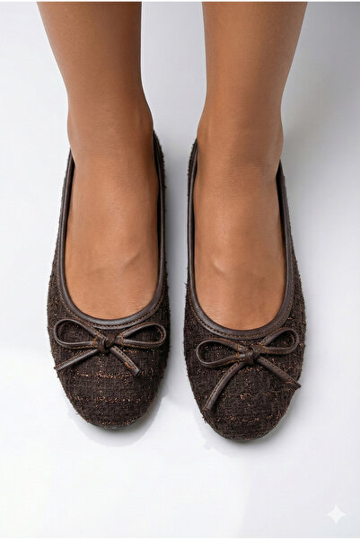 StWenn Brown Tweed Fabric Mary Jane Ballet Flats with Stylish Bow Detail Orth...