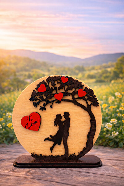 OEM Cadou Elegant din Lemn Wenge, Copac cu Inimi si Cuplu Indragostit, Decor ...