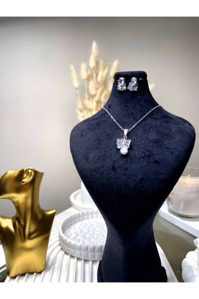 Luxiva Gümüş kaplama premium zirkon taşlı kolye küpe takı hediye seti