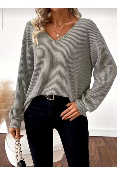 HYEM Bluză de damă cu mânecă lungă, decolteu în V și detaliu panglică la spate