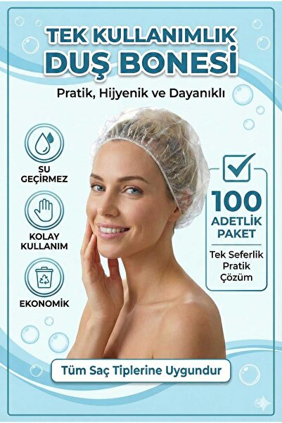 LOVYCO 100 Adet Tek Kullanımlık Şeffaf Duş Bonesi - Lastikli Su Geçirmez Prat...