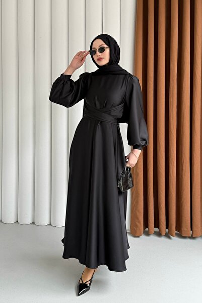 Modaensarbutik Zarif Belden Bağlamalı Saten Tesettür Elbise-SİYAH