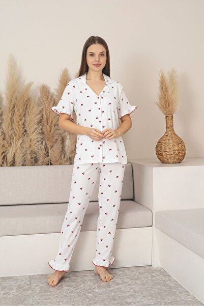 Asel Дамски комплект пижама с къси ръкави от еластична материя с копчета по ц...