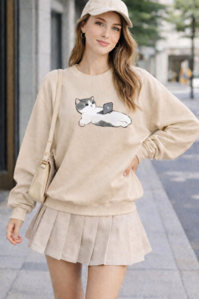 ArtYus Chill Cat Printed Cotton Relaxed Fit Crew Neck Unisex Sweatshirt