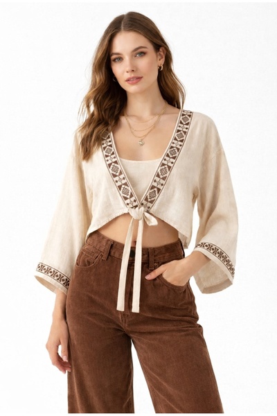 Butik Bohem Nakış Detaylı Bağlamalı Yazlık Bluz- Etnik Desenli Salaş Kadın Üst