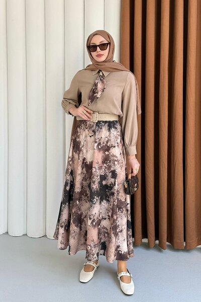 Modaensarbutik Batik Etek & Fular Yaka Kemerli Tesettür Takım-VİZON
