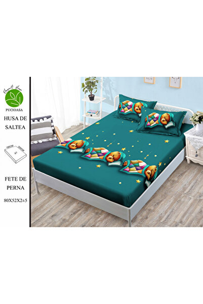 FIONNA.RO Husa cu Elastic si Fete de Perna Din Finet 180x200cm - Verde Cu Urs...