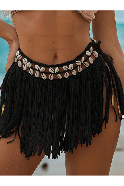 Veille Siyah Deniz Kabuklu Püsküllü Pareo Etek –Bohem Plaj Stili,Bikini Üstü ...