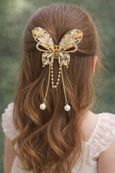 MakeWell Gold Color Stone Butterfly Girl's Hair Clip with Pearl Pendant and C...