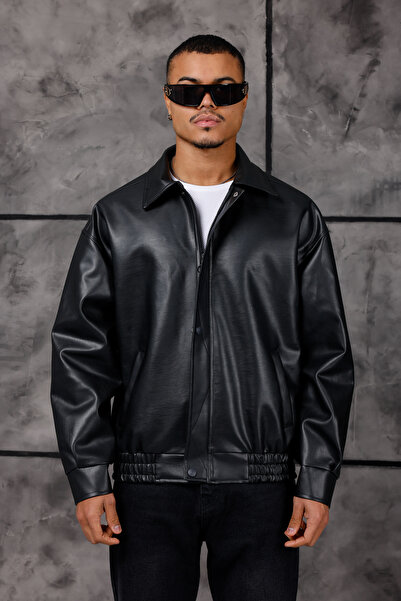 Rowsmen New Season Men's Black Oversize Lined Bomber Casual Leather Jacket