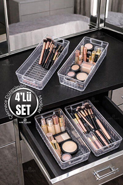 Metsar Home 4'Lü Şeffaf Mega Boy Makyaj Organizeri Modüler Çekmece İçi Düzenl...