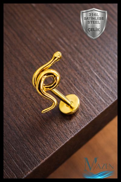 MAZEN Yılan Figürlü Tragus Helix Piercing | 316L Çelik | Gold Renk