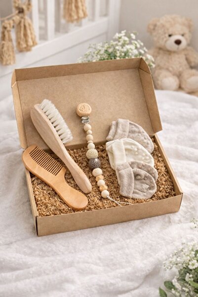 LUVELLA Yenidoğan Bebek Seti Unisex – Doğal Ahşap Bakım Seti & Emzik Askısı &...