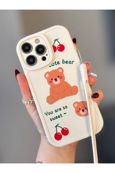 MİRAZ TASARIM حافظة آيفون 14 برو ماكس برباط ونمط دب كريمي اللون