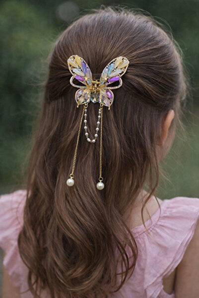MakeWell Gold Color Stone Butterfly Girl's Hair Clip with Pearl Pendant and C...