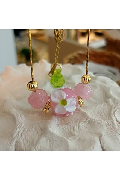 CAM AŞKI El Yapımı Murano Cam Tasarım Takılar Murano Cam Pembe Çiçekli Kolye ...