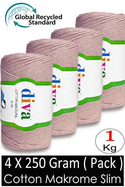 Diva İplik (4 × 250 جرام) - 1 كجم - 2 مم - خيط كوتون مكراميه للحقائب 1003 بودرة