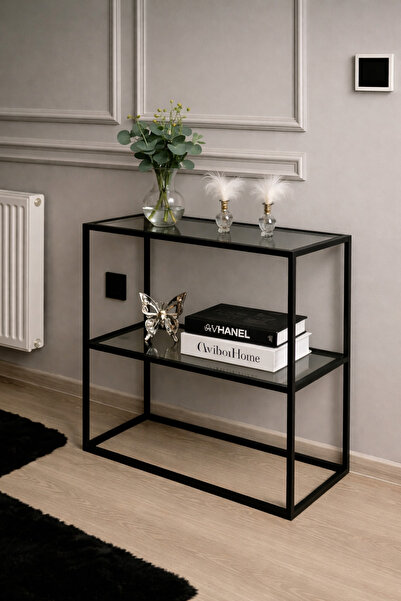 AVİBO HOME Pırlanta Siyah Metal Dresuar Kahve Köşesi Modern Konsol Füme Cam