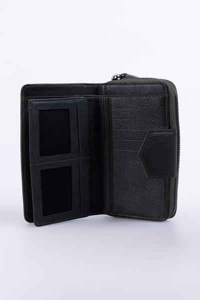 Lysande 100% Genuine Leather Multi-Compartment Women's Wallet 8 Card Holders 4 Hidden Compartments Khaki
