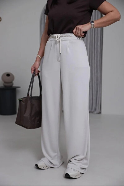 bysoca Women's Ecru High Waist Buttoned Tie-Waist Pocketed Modal Textured Pal...