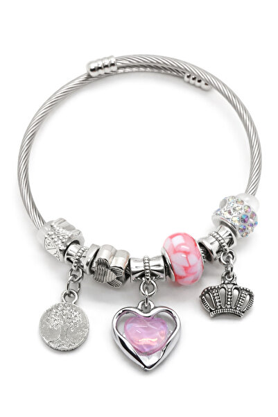 MakeWell Pink Heart and Crown Charm Detailed Steel Bracelet – Silver Color Wo...