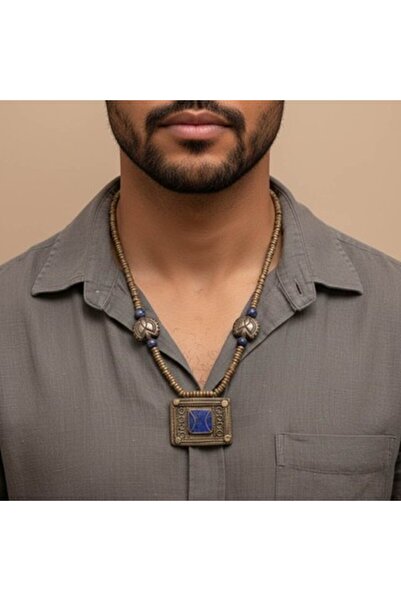 Natural Ottoman Antique Silver Necklace with lazuli Stone Pendant