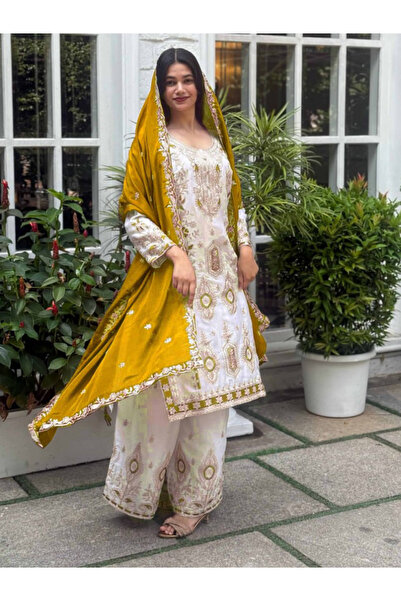 MYSMAR Yellow Chinon Silk Top Sharara & Dupatta - FFT6884 | Yellow