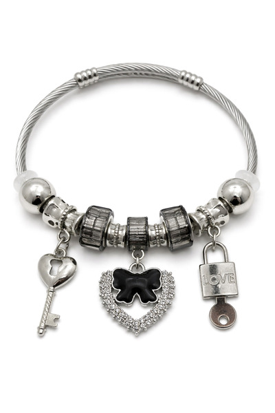 MakeWell سوار من الفولاذ مع تفاصيل ساحرة على شكل مفتاح وقفل - سوار نسائي فضي ...