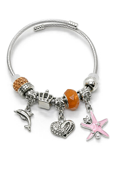 MakeWell Pink Heart and Crown Charm Detailed Steel Bracelet – Silver Color Wo...