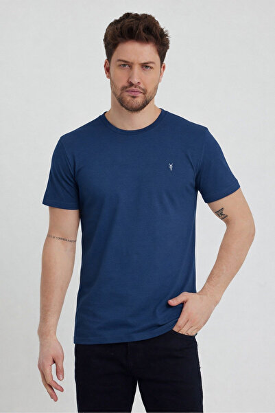 COMBİNE MİCHAİL Men's Crew Neck Slim Basic Indigo T-Shirt